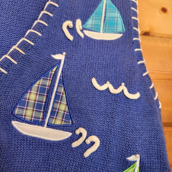 Mandal Bay Vintage Sailboat Knit Sweater Vest Nautical Embroidered Beaded Size M - Picture 4 of 9